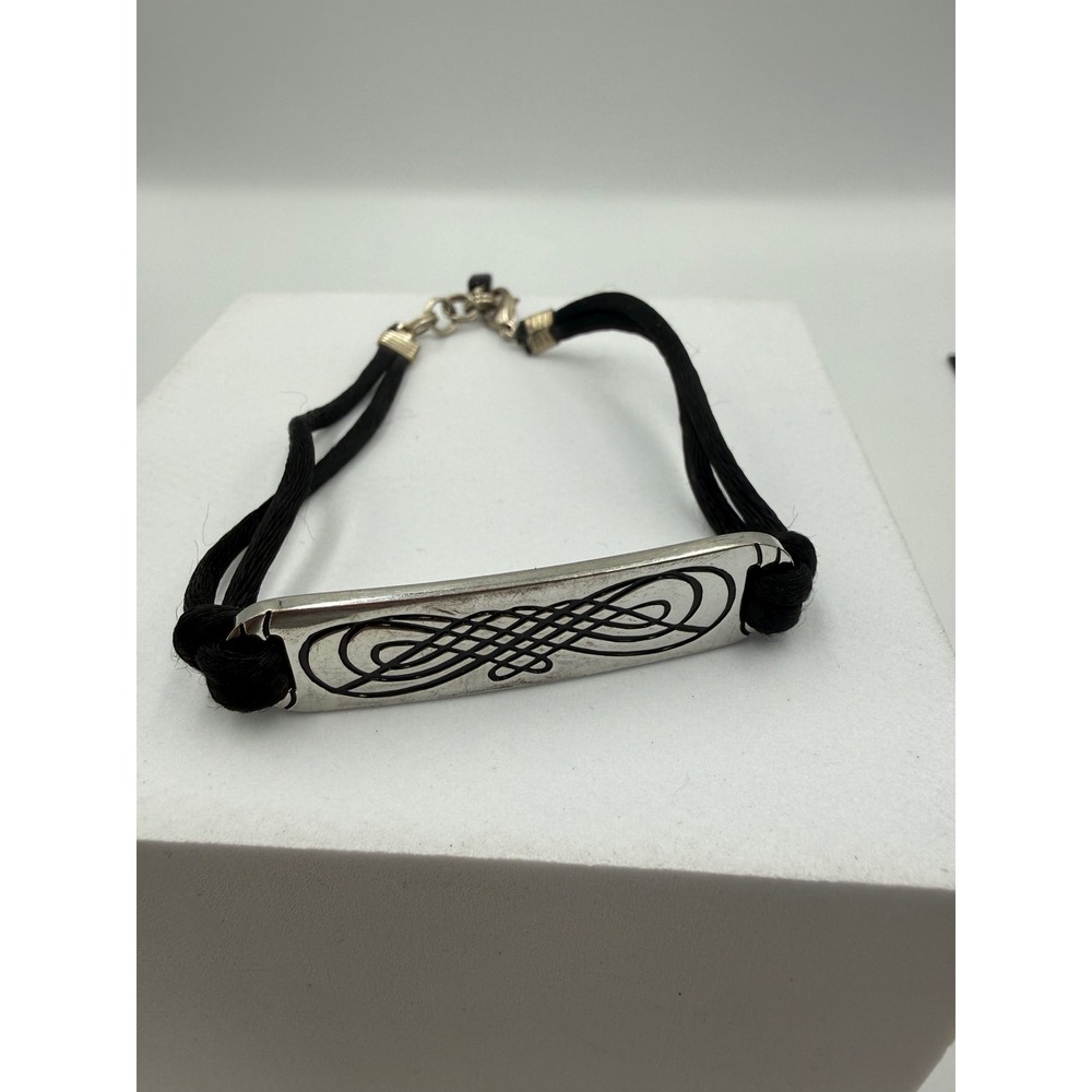 Silver Tone Infinity Celtic Knot Bar Black Cord Bracelet‎ with Lobster Clasp